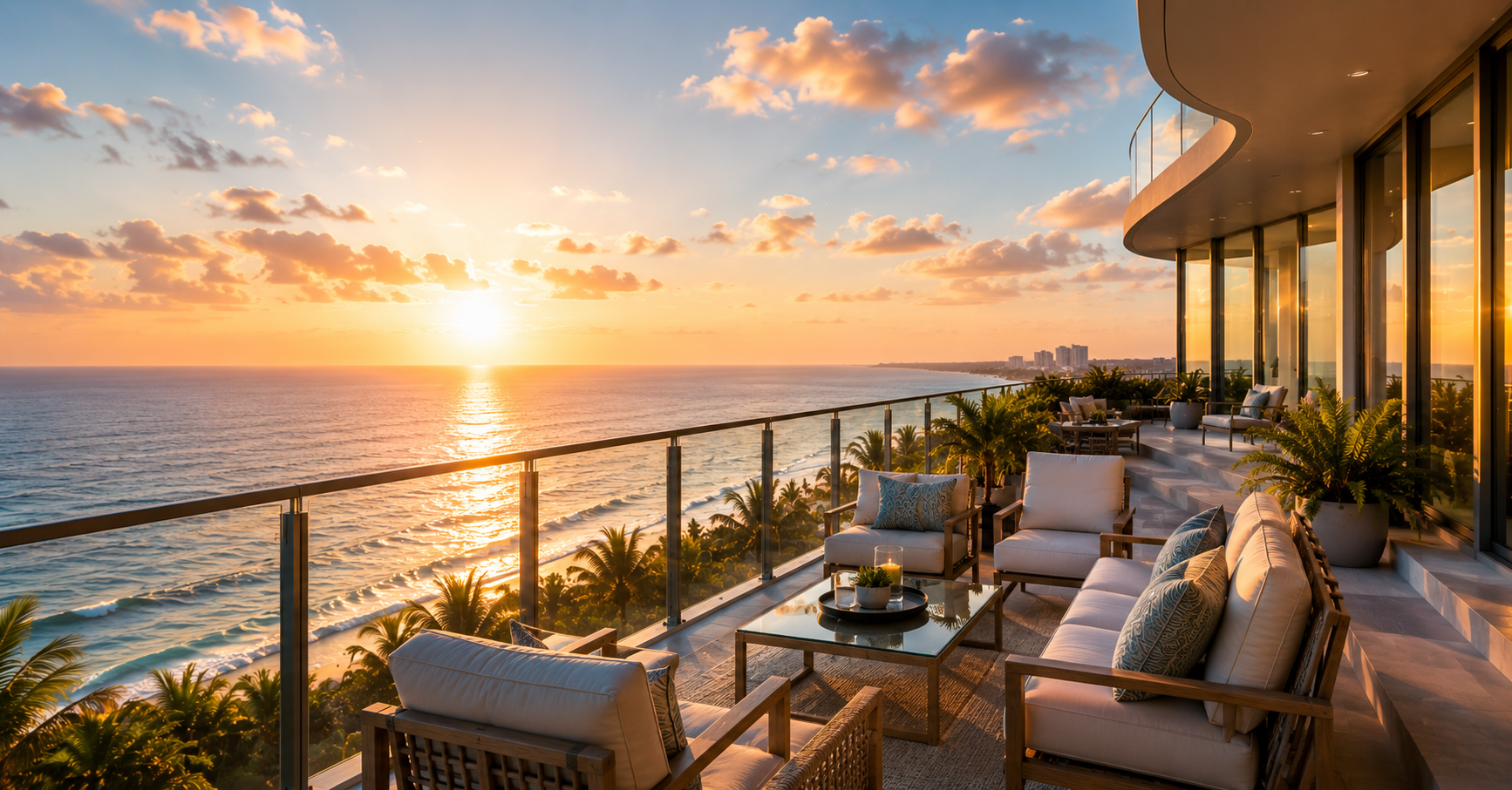 Luxury oceanfront balcony with ocean views at sunset, Highland Beach Florida seasonal rental